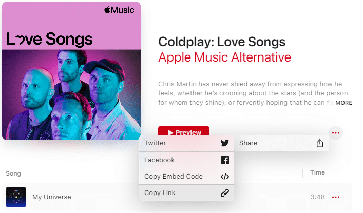 Obtention du lien de la playlist Apple